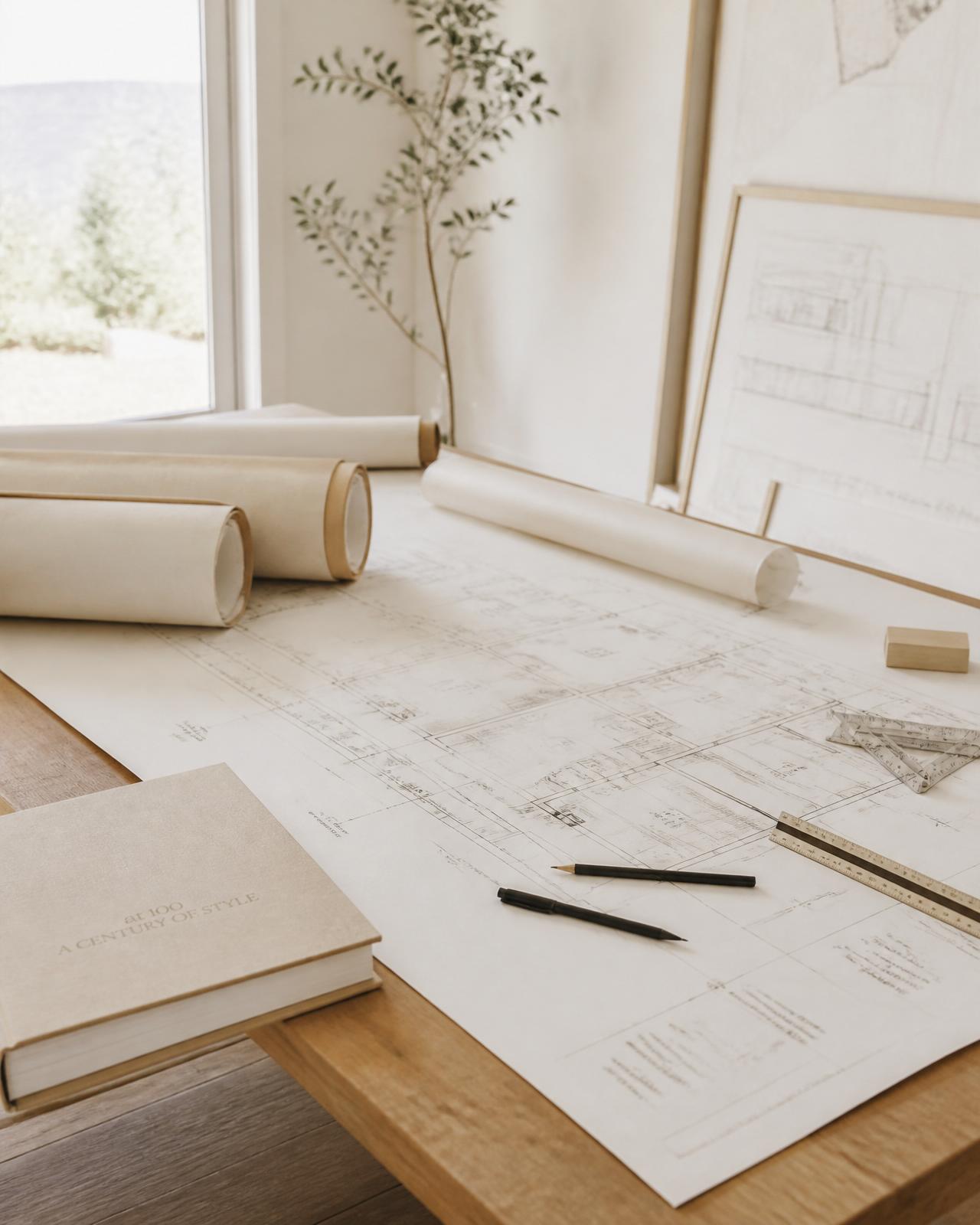 Mesa de trabajo con planos arquitectónicos